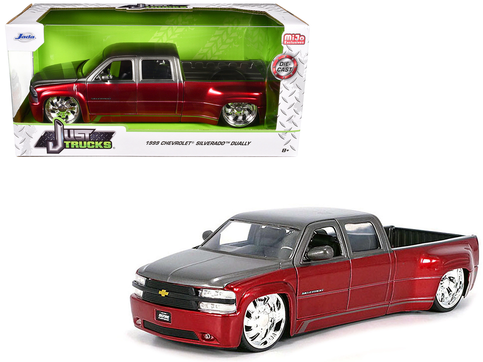 Jada 1999 Chevrolet Silverado Dually Pickup Truck Red Metallic and Gray with Custom KMC Wheels "Just Trucks"