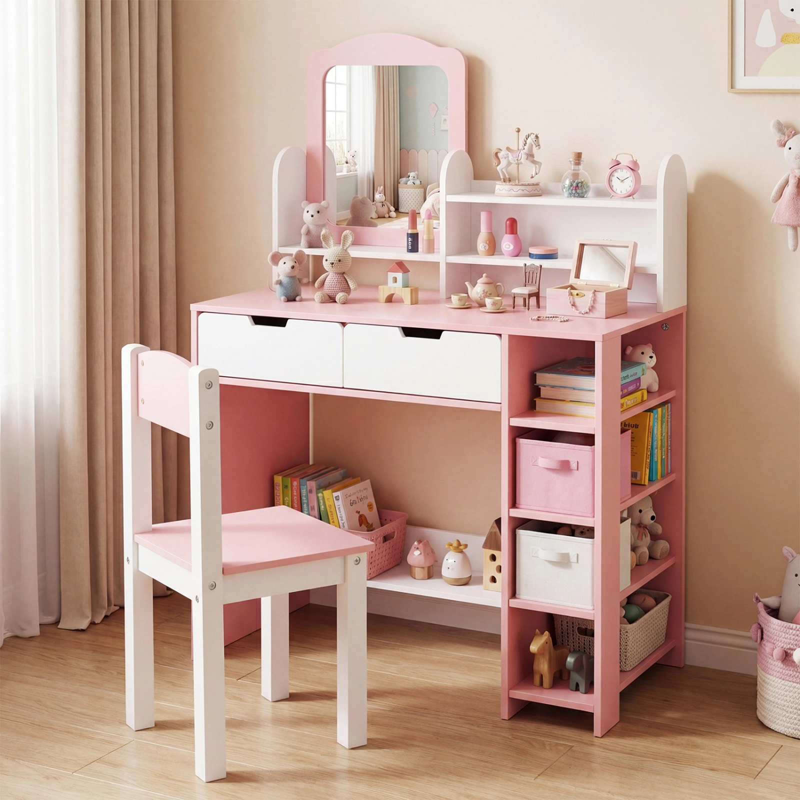 SUGIFT Kids Vanity Set White and Pink with Mirror Chair 2 Drawers and Side Shelves