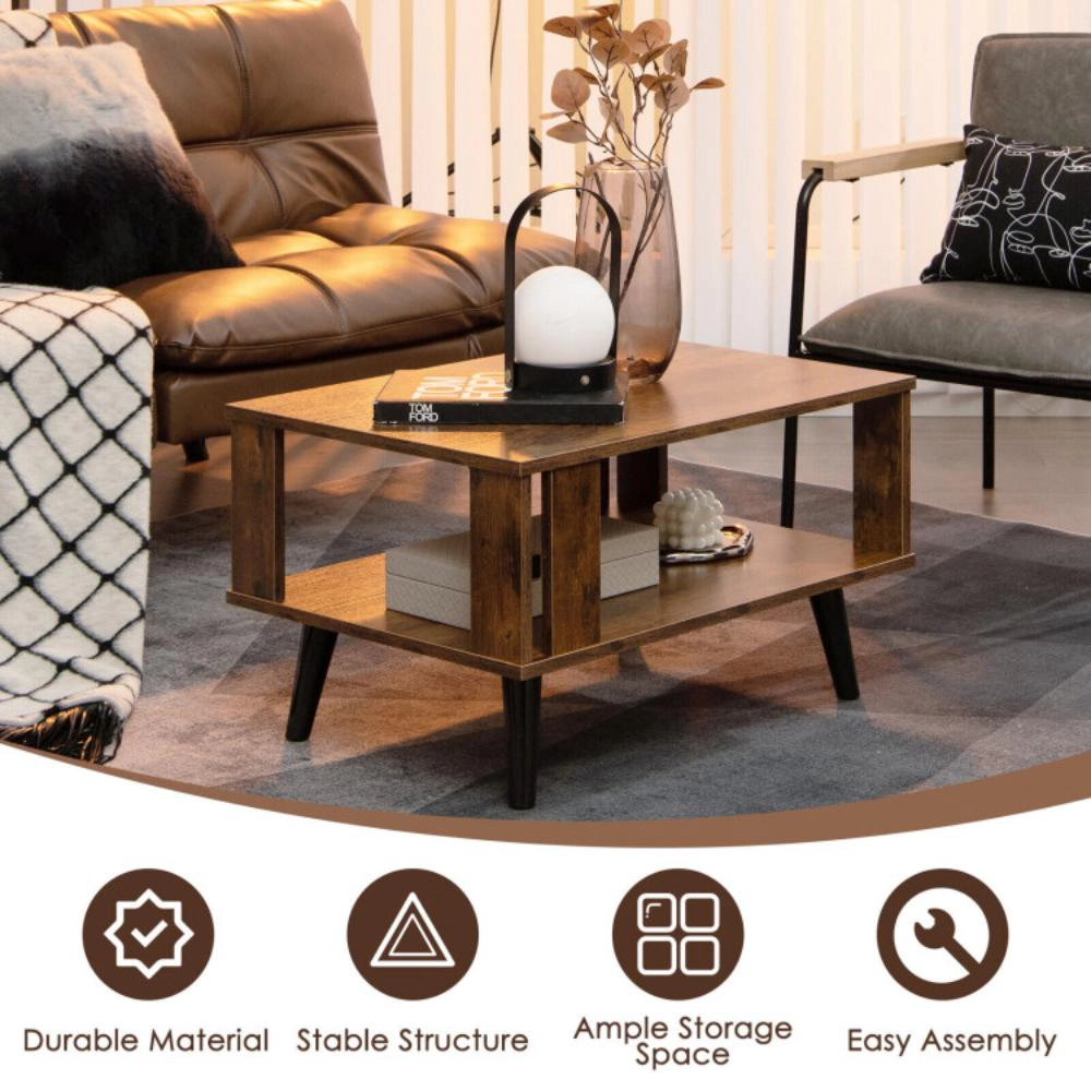 Hivvago Compact Retro Mid-Century Coffee Table with Storage Open Shelf