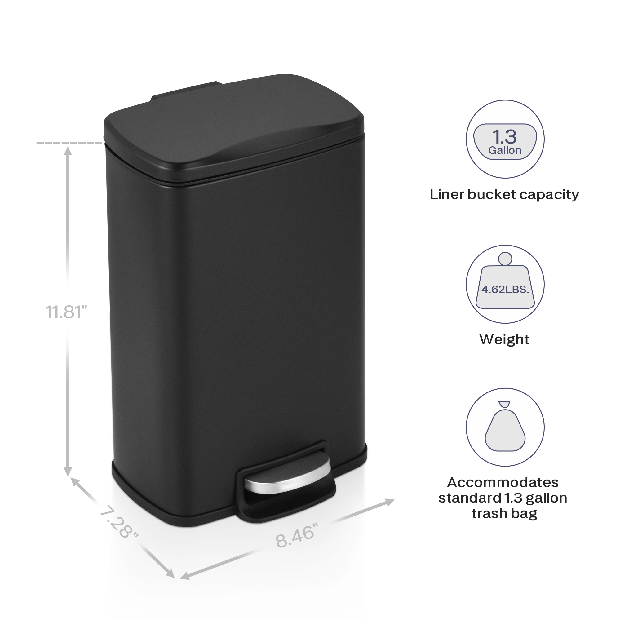 Innovaze 1.3 Gal./5 Liter Rectangular Matt Black Step-on Trash Can for Bathroom and Office