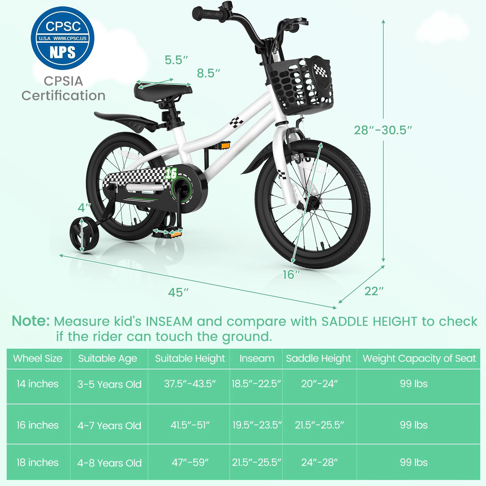SUGIFT Black and White Removable Training Wheels Storage Basket and Coaster Brake Kids 16 Inch Bike