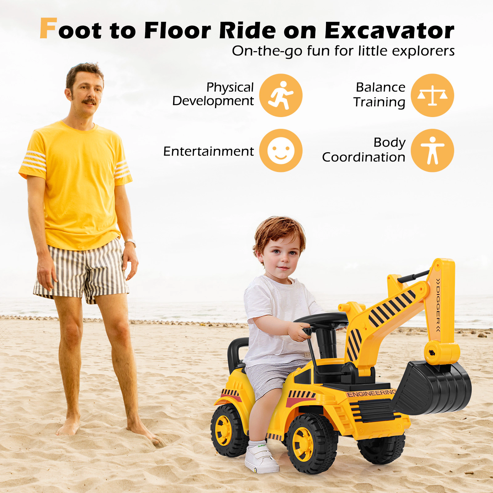 SUGIFT Yellow Adjustable Shovel Safety Helmet and Under Seat Storage Toddler Ride On Excavator