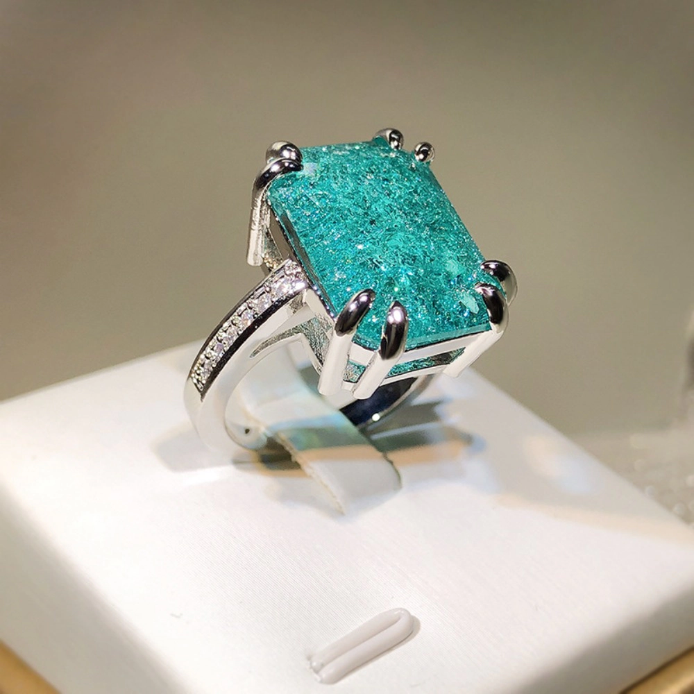 Rectangle Paraiba‑Inspired Turquoise Cubic Zirconia Statement Ring