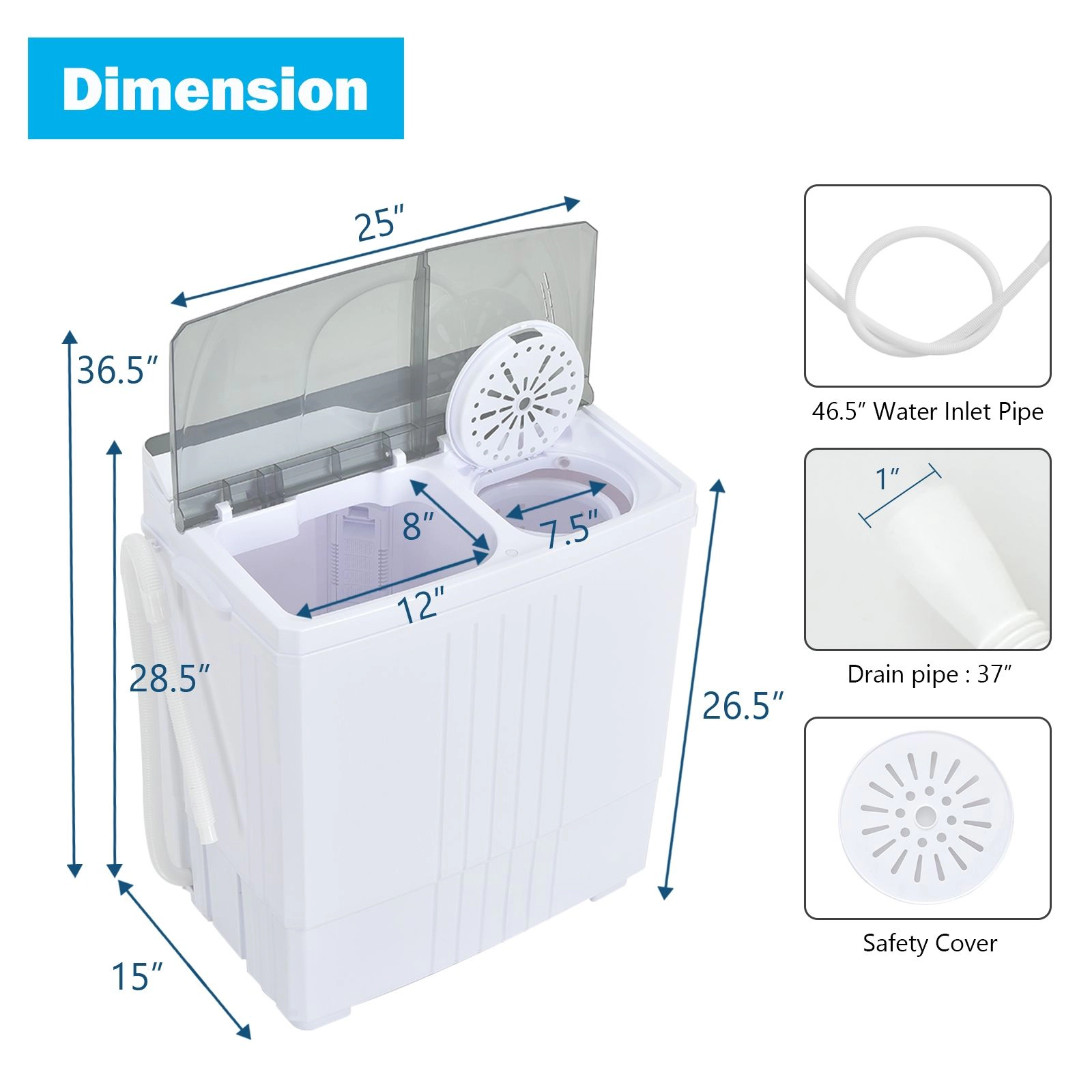 SlickBlue Portable Twin Tub Washing Machine, 8 Lbs, Compact, Gray & White