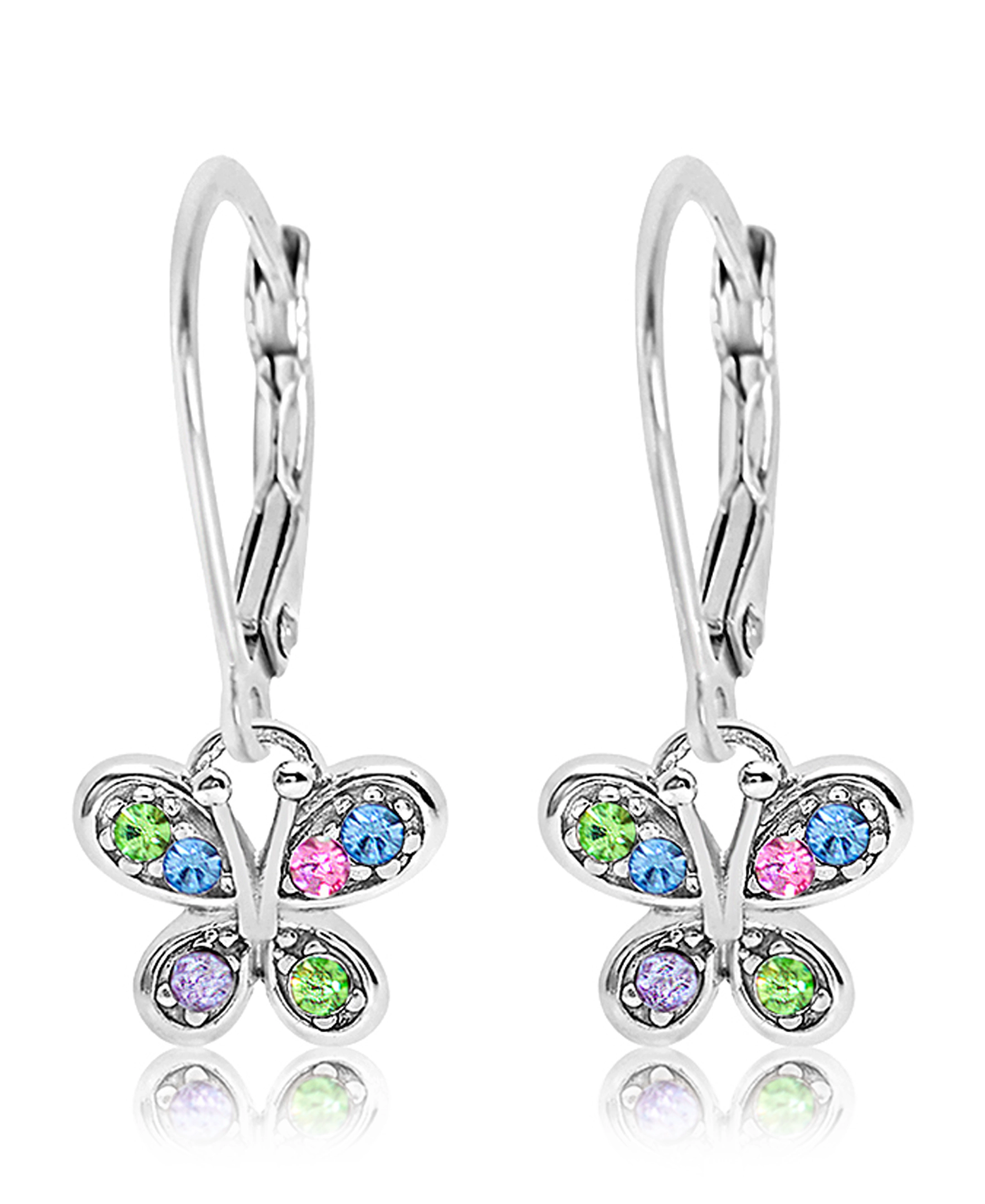 CHANTEUR Girls Butterfly Crystal Leverback Earrings - White Gold Palladium Plating