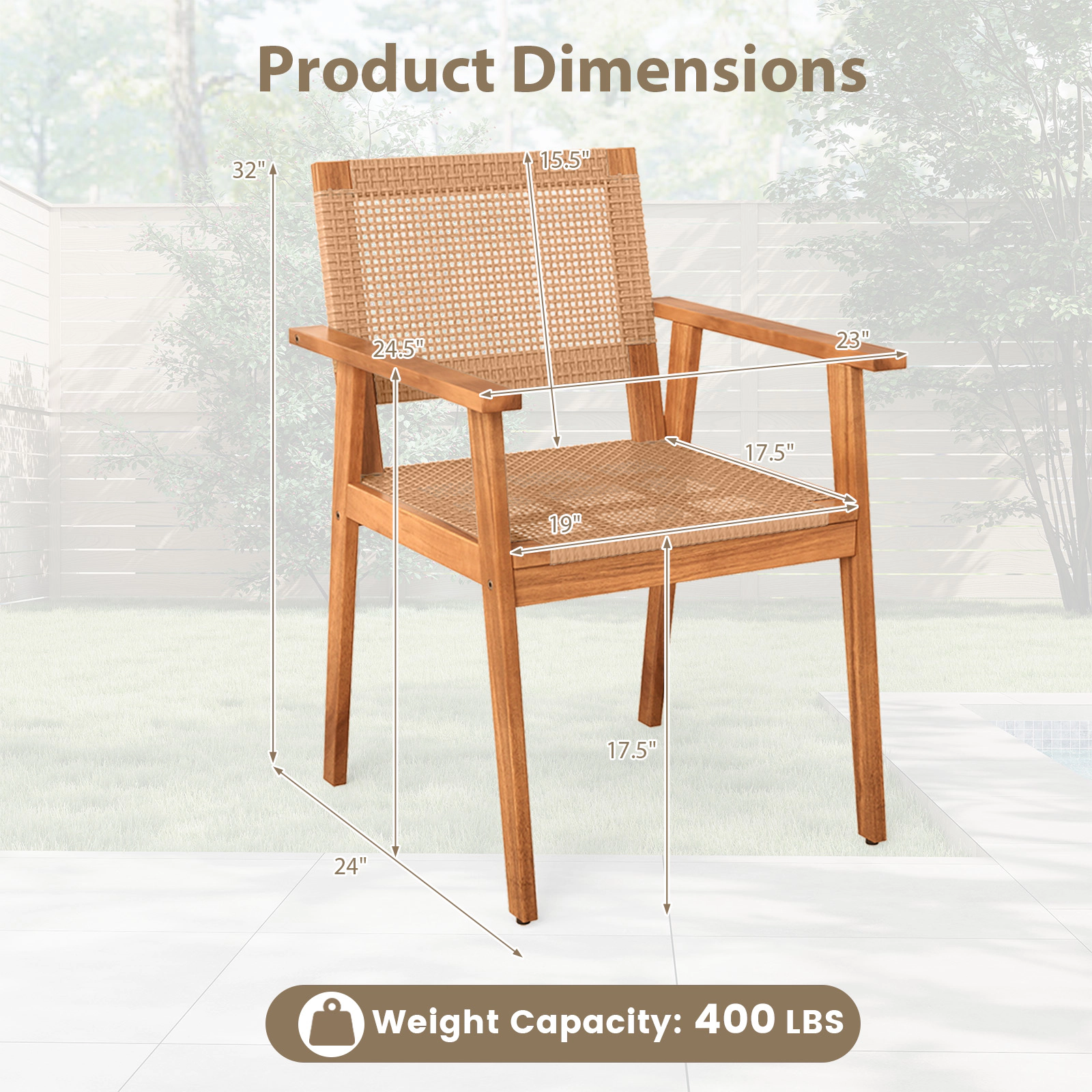 LJG Acacia Wood Outdoor Dining Chairs Set of 2 PE Rattan Patio Chairs with Backrests and Armrests