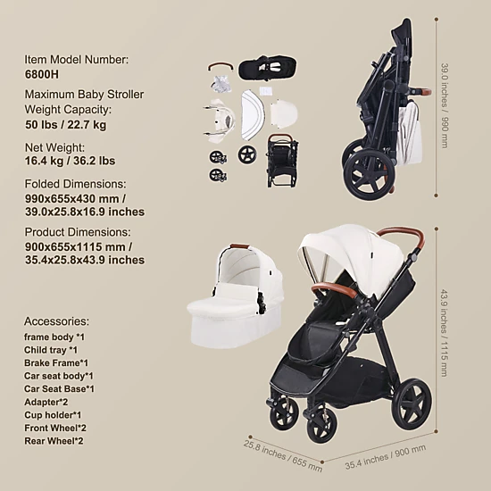 HONGGE 2-in-1 Baby Travel System Stroller with Infant Bassinet, Reversible Seat & One-Button Fold, White
