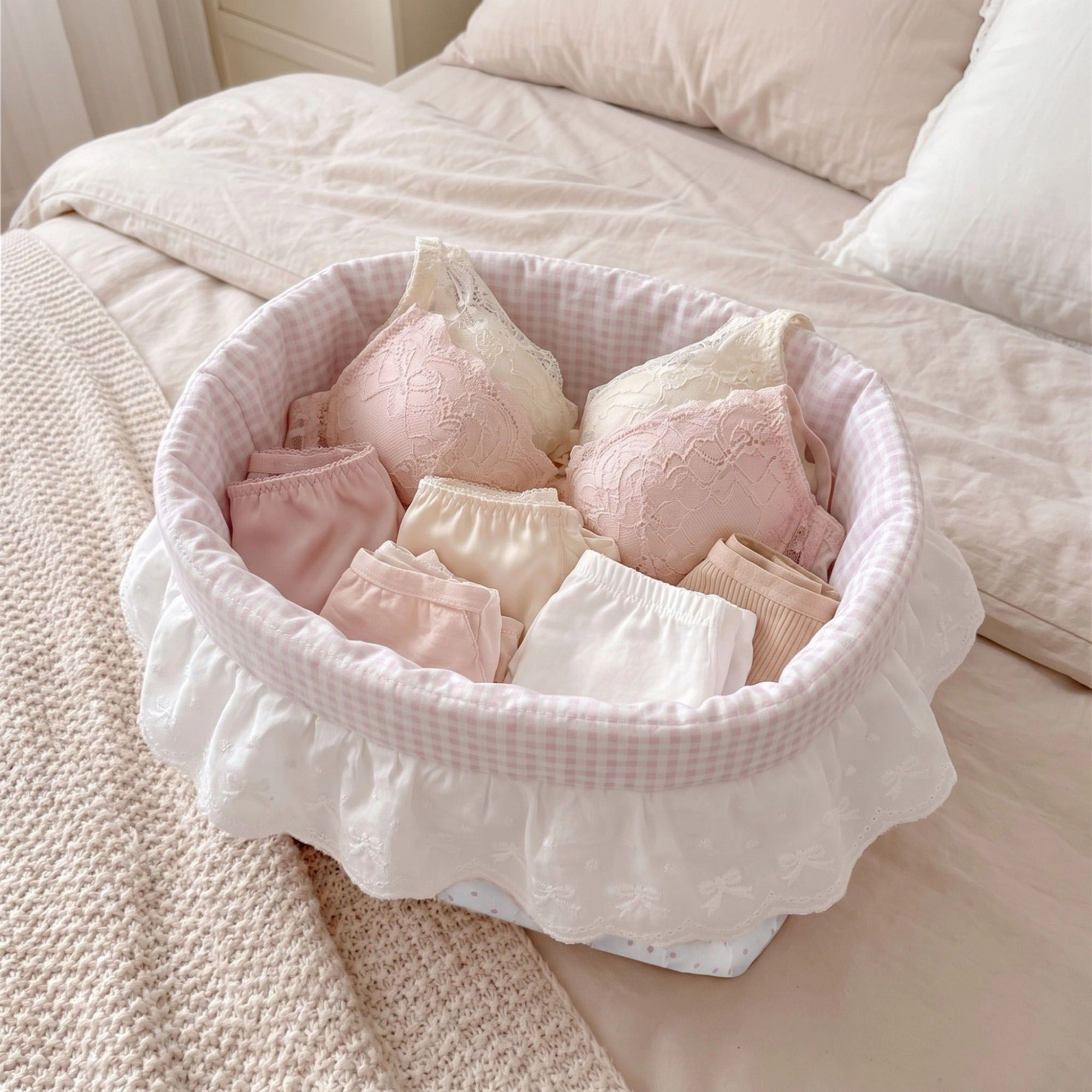 Alilang Women Gingham Polka Dot Quilted Storage Basket with Lace Eyelet Ruffle