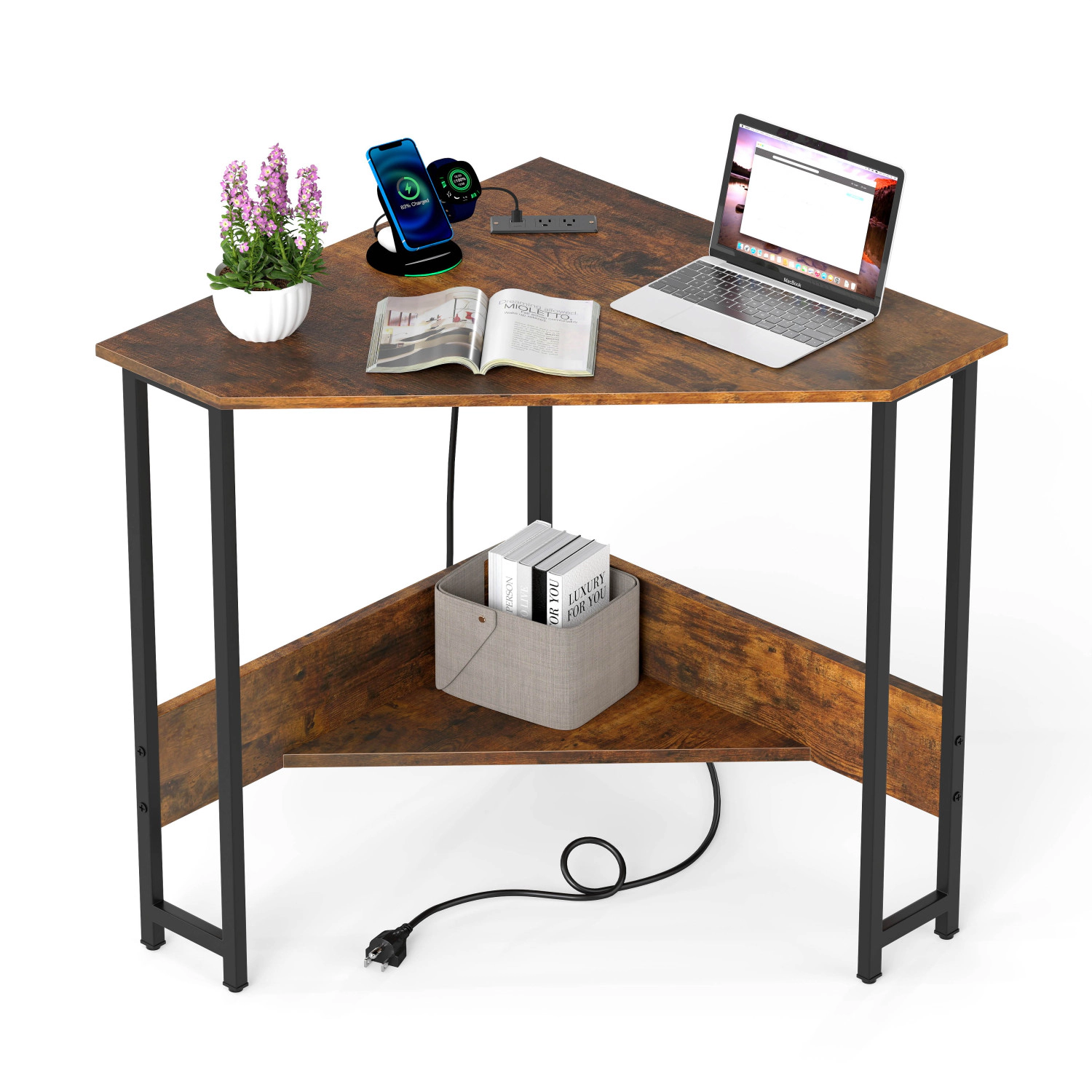 LJG Triangle Computer Corner Desk with Charging Station
