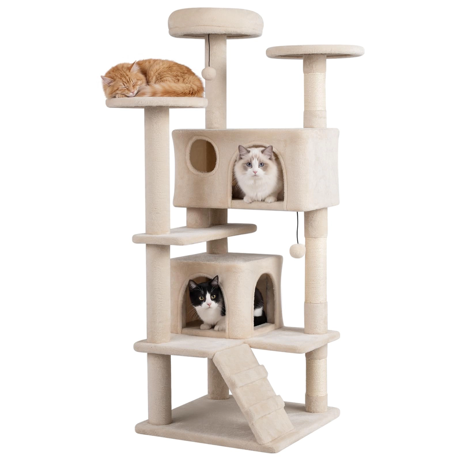 Glintex 52-Inch Cat Tower with 1-Door and 2-Door Caves Base Climbing Ladder