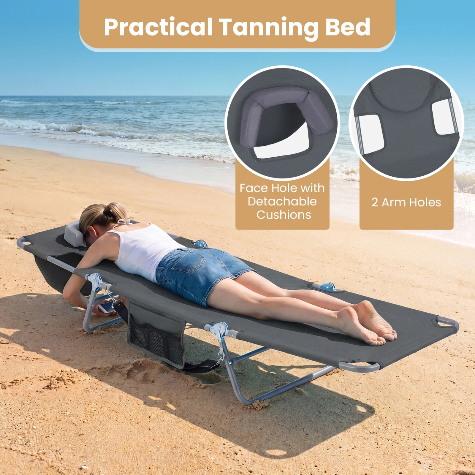 SUGIFT 5 Backrest Angles Face Hole Arm Slots and Carry Strap 330-lb Folding Beach Lounge Chair