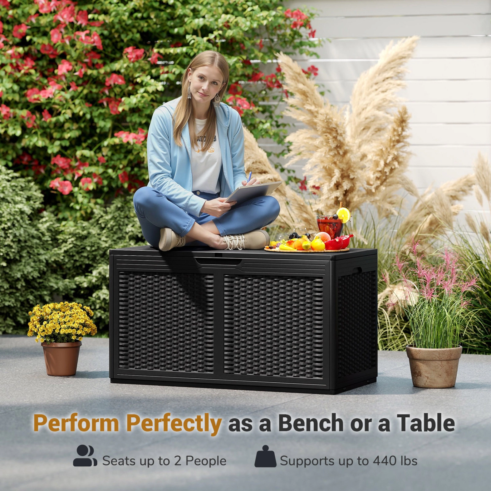 SUGIFT 100-Gallon Resin Deck Storage Box Waterproof Outdoor Bench 440-lb Lid Capacity 24-in Tall Black