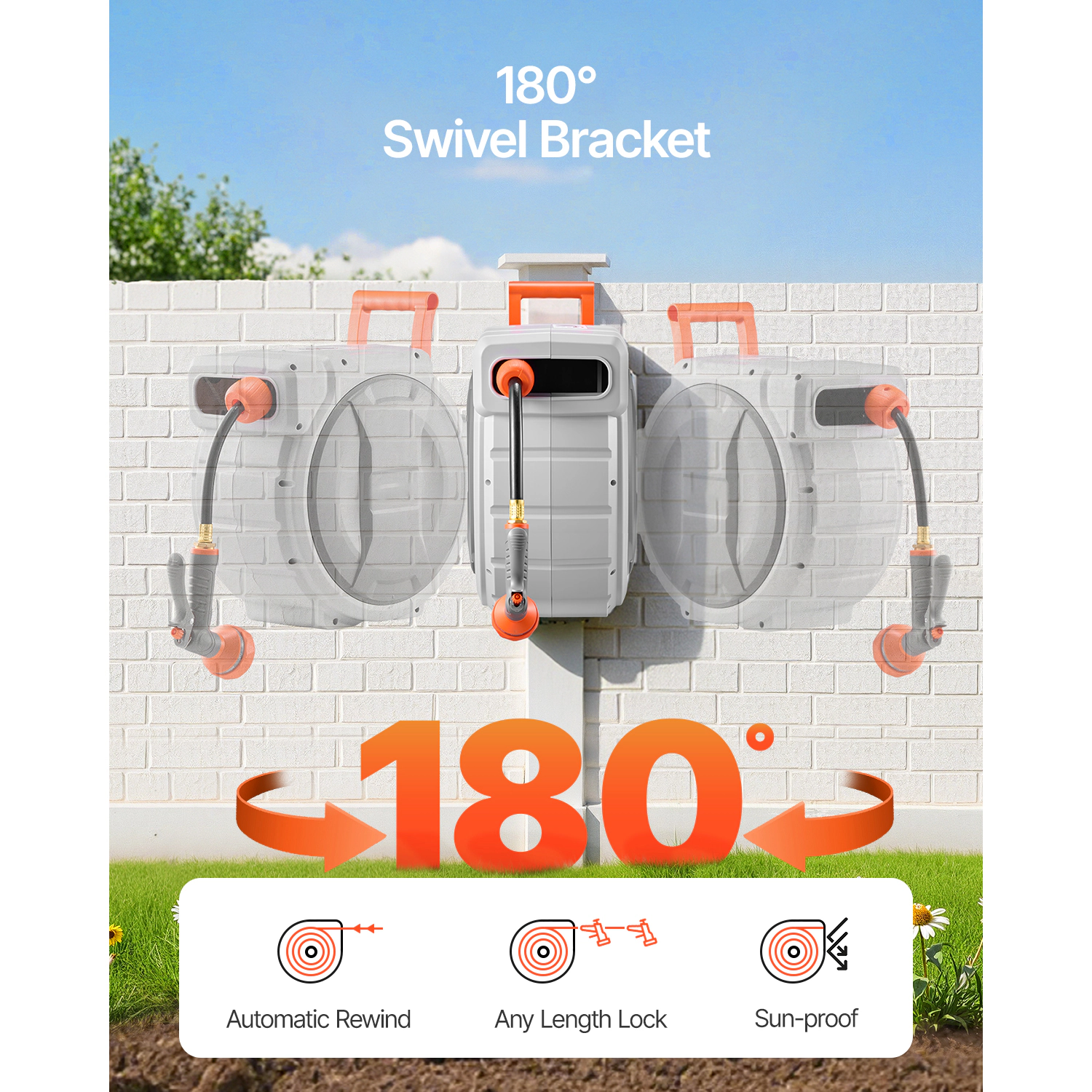 HONGGE Retractable Garden Hose Reel, 5/8 in x 100 ft, Wall-Mounted, 9-Pattern Nozzle, Slow Rewind, 180 Swivel Bracket