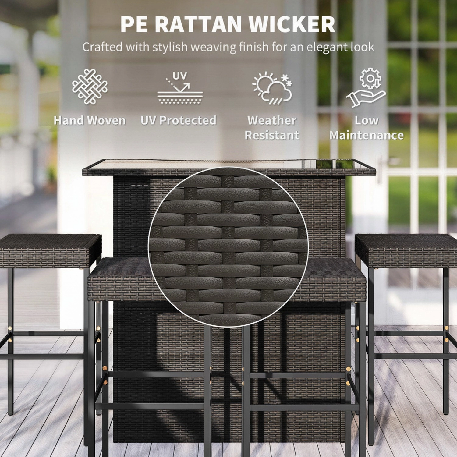 HONGGE 5 Piece Rattan Wicker Bar Set High Top Outdoor Table and Chairs Height Patio 2 Shelves & 4 Stools
