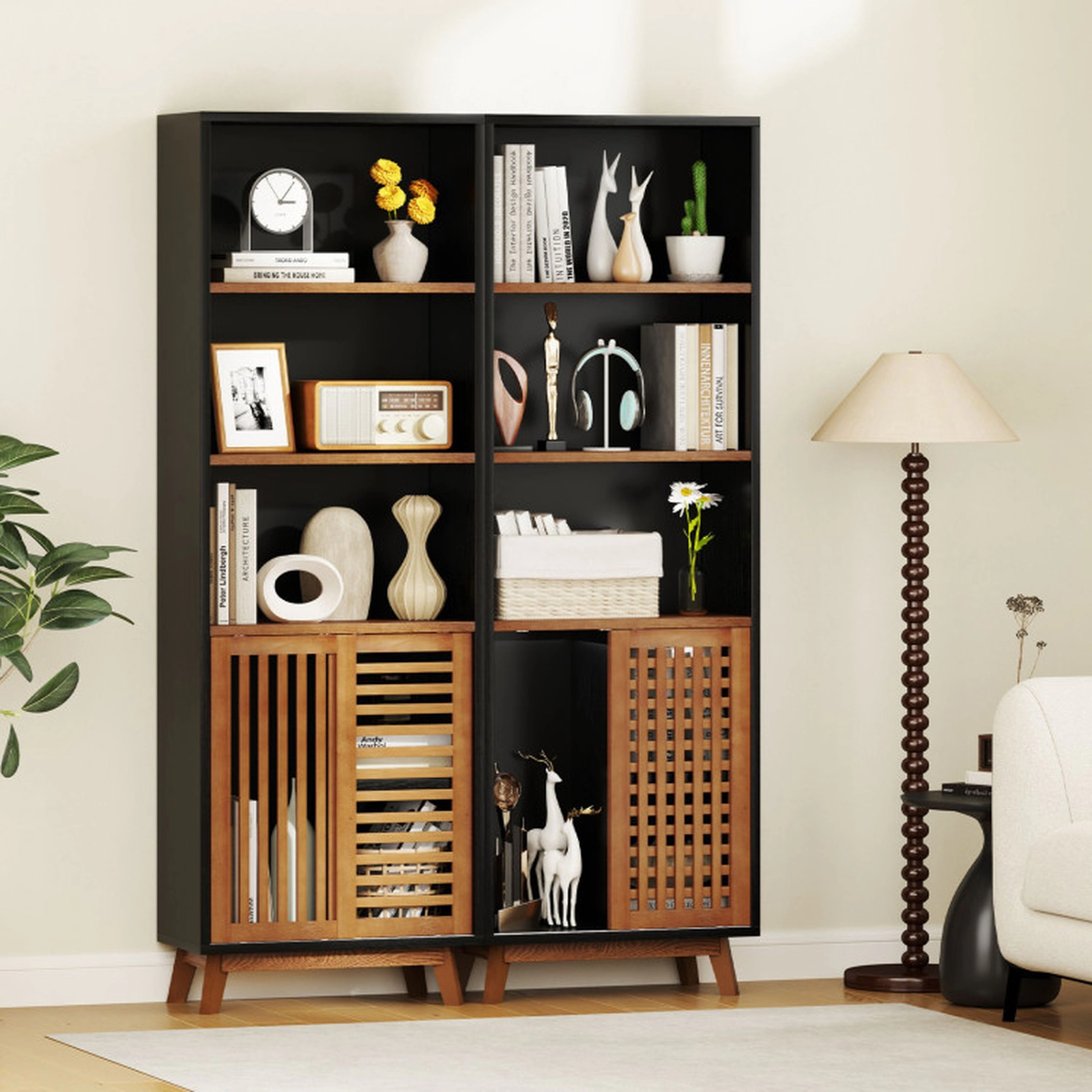 SUGIFT 5-Tier Bookshelf with Triple Open Shelves and Reversible Adjustable Shelf 44-lb Per Tier Capacity Black & Walnut