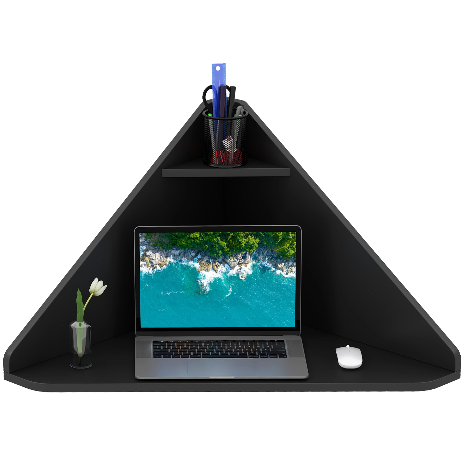 SUGIFT Black Floating Triangular Corner Desk with Shelf