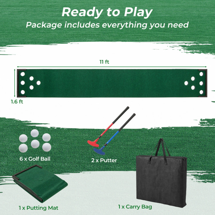 SUGIFT 2 Adjustable Putters and 6 Balls 11 ft Indoor Outdoor Putting Green Mat