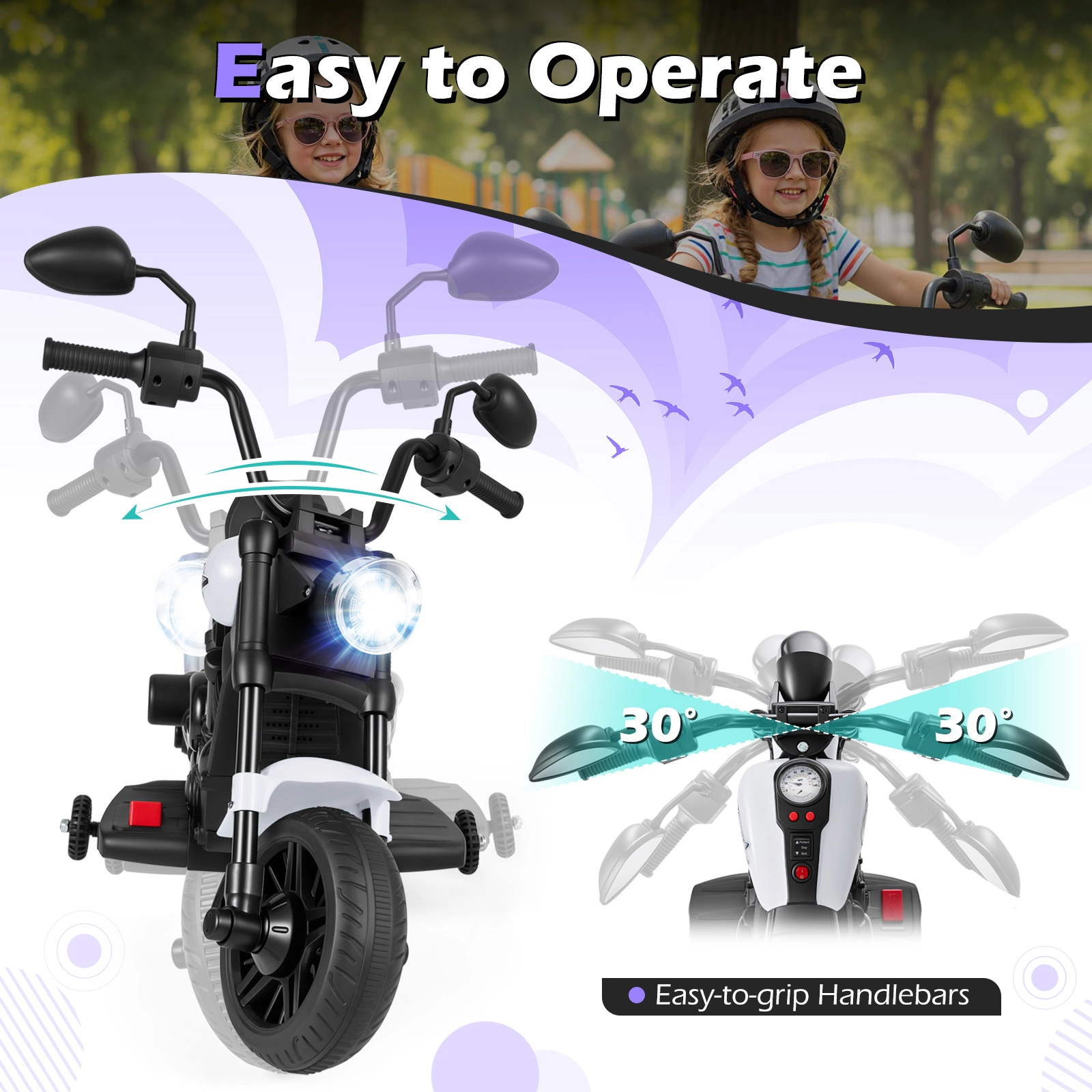 SUGIFT 6V Kids Motorcycle Headlight & Music with Training Wheels 66-lb Capacity over 18 Months 31 x 23 x 22 in White