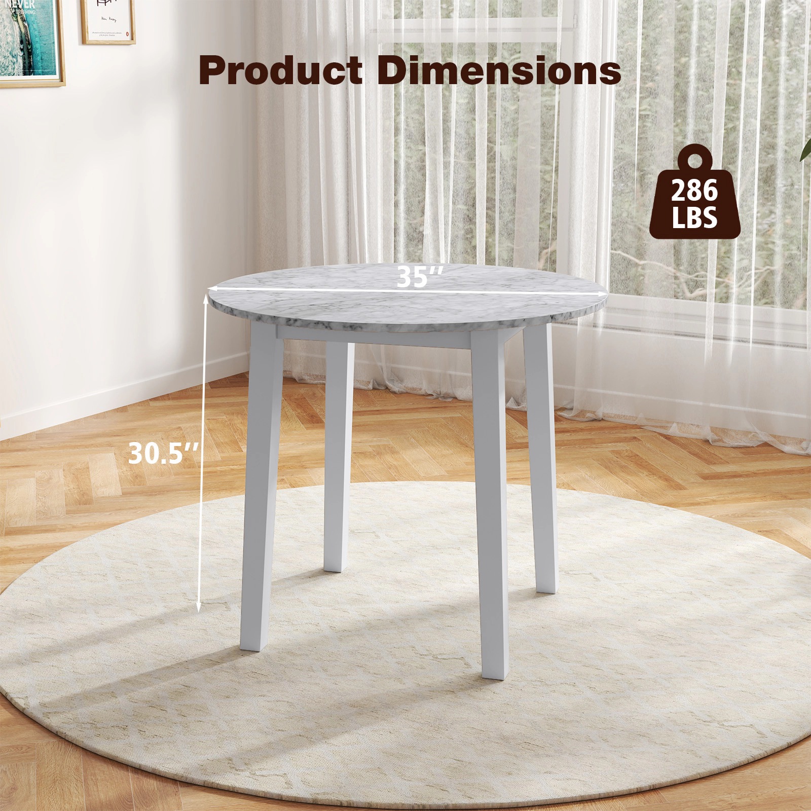 LJG 35 Inch Round Dining Table with Rubber Wood Legs and Marble-Textured Veneer Tabletop