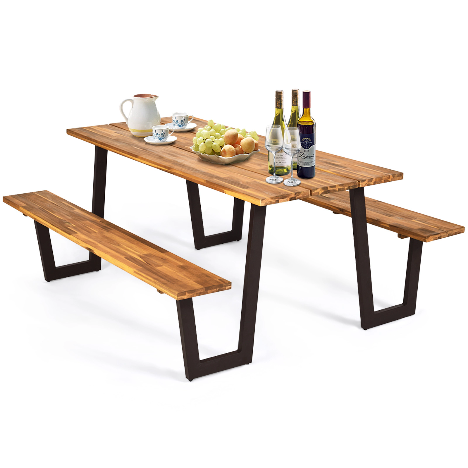 SUGIFT 70-In Acacia Wood Picnic Table Set with Two Benches and Umbrella Hole