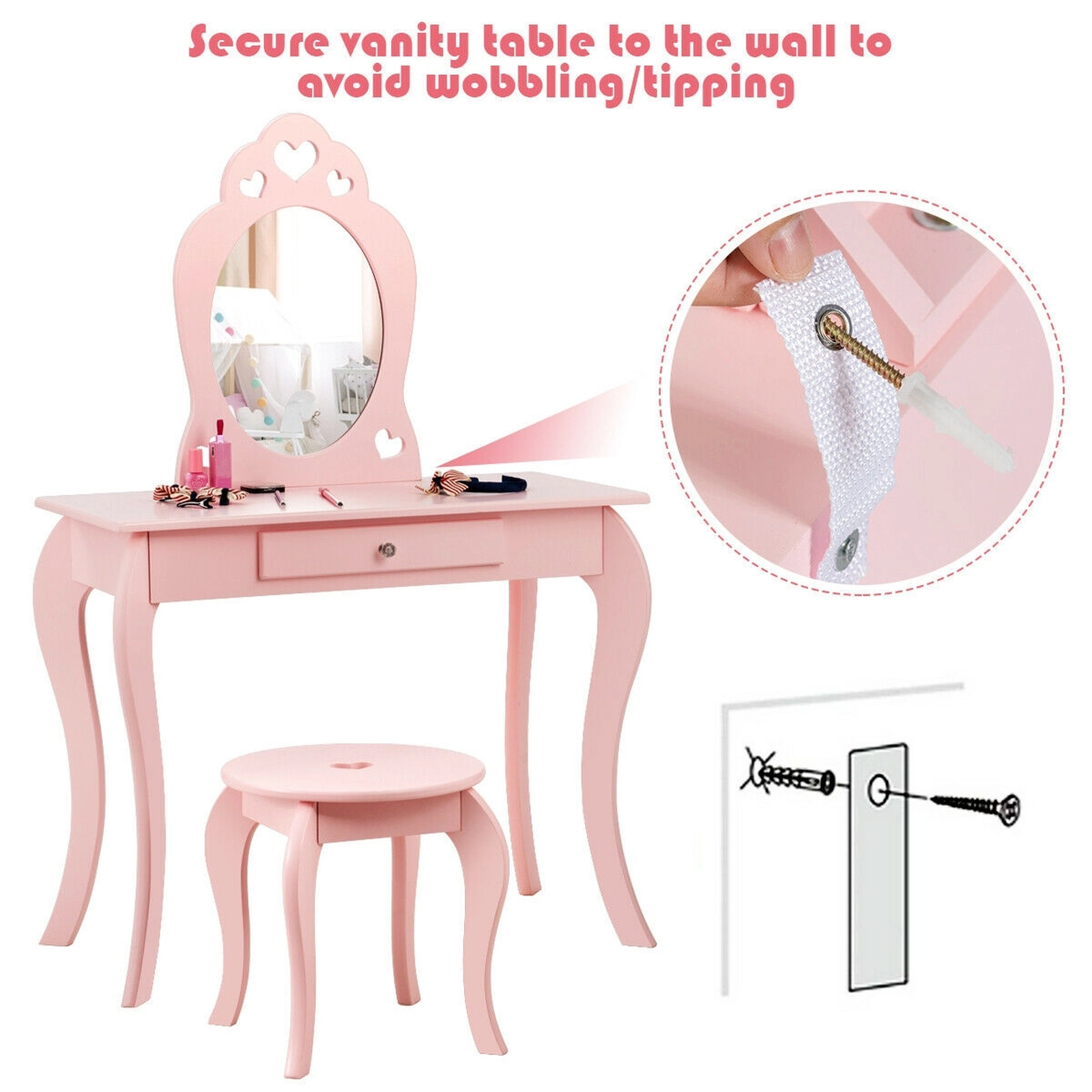 SUGIFT Kids Princess Makeup Vanity Table and Stool Set with Mirror 33-lb Table 66-lb Stool Capacity Pink/White 2-Piece