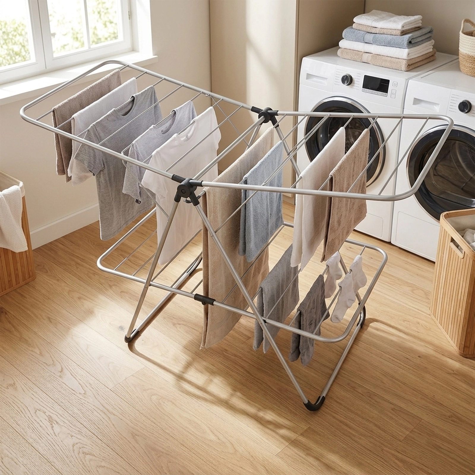 SUGIFT Silver 2-Tier 35-lb Capacity Foldable Stainless Steel Clothes Drying Rack with Adjustable Wings