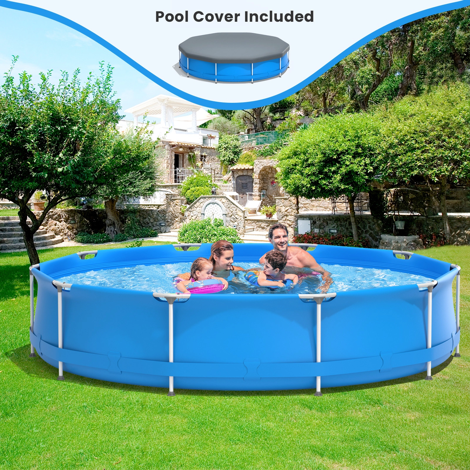 SUGIFT 12 x 12-ft 30-in Deep Blue Round 3-Layer Above Ground Swimming Pool with Pool Cover and Repair Kit