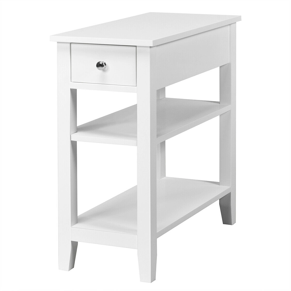 Slickblue White Side Table with Drawer and Open Shelves for Bedroom Living Room