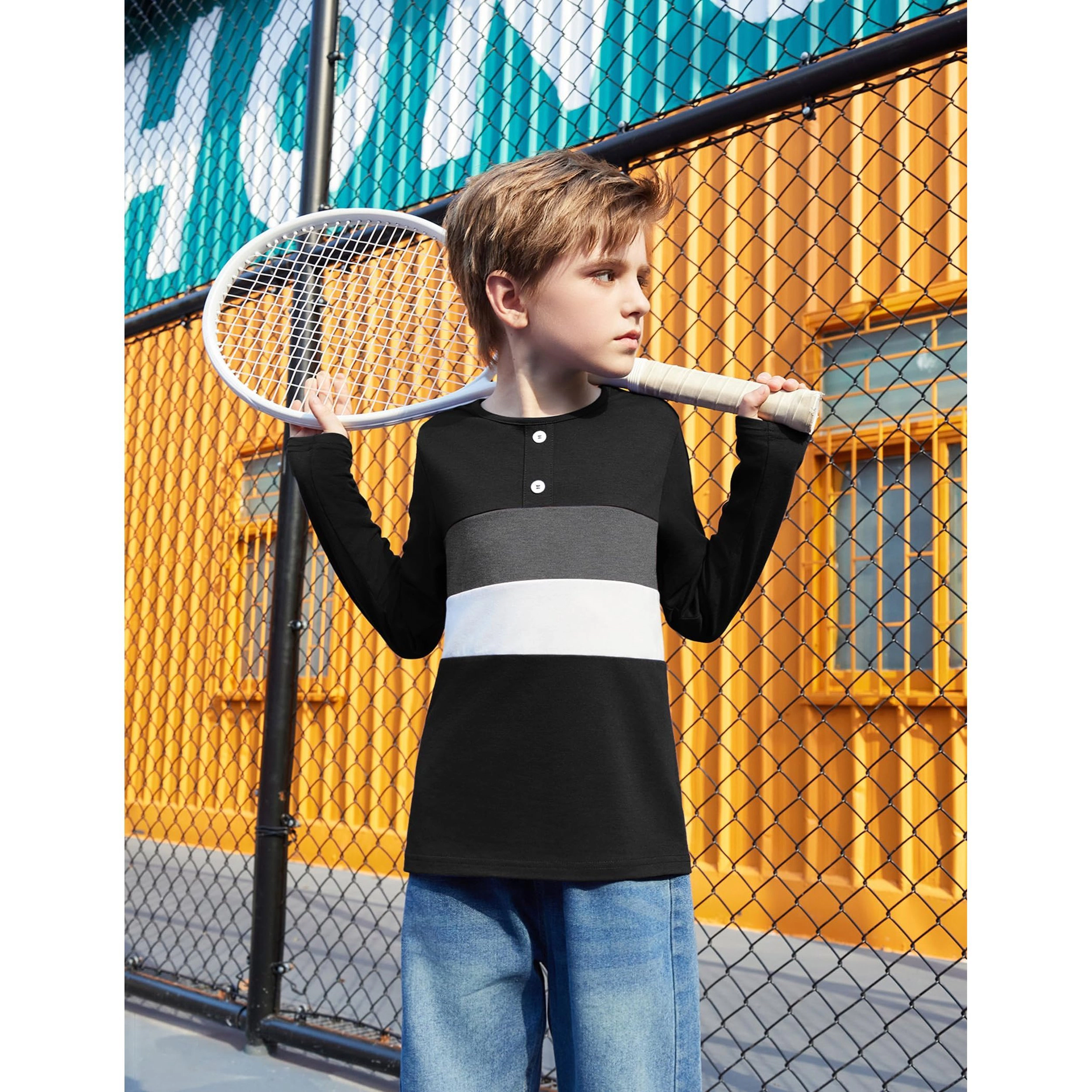 Arshiner Kids Boys Henley Shirts Cotton Long Sleeve Crewneck Tshirts Block T-Shirt Tops
