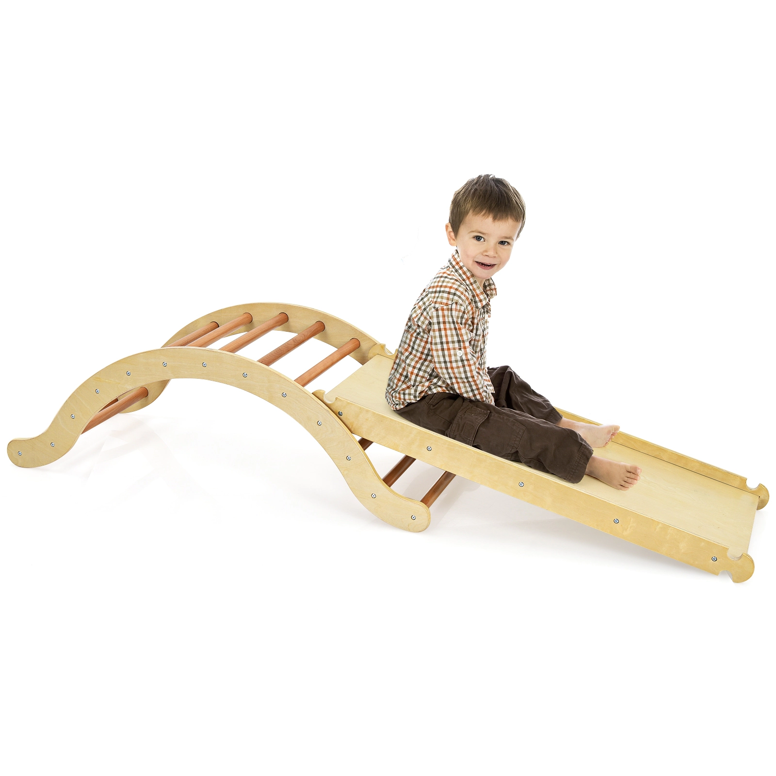 SUGIFT 3-in-1 Wooden Arch Rocker Climber Set with Ramp and Mat 132-lb Capacity Ages 1-8 Yellow/Natural