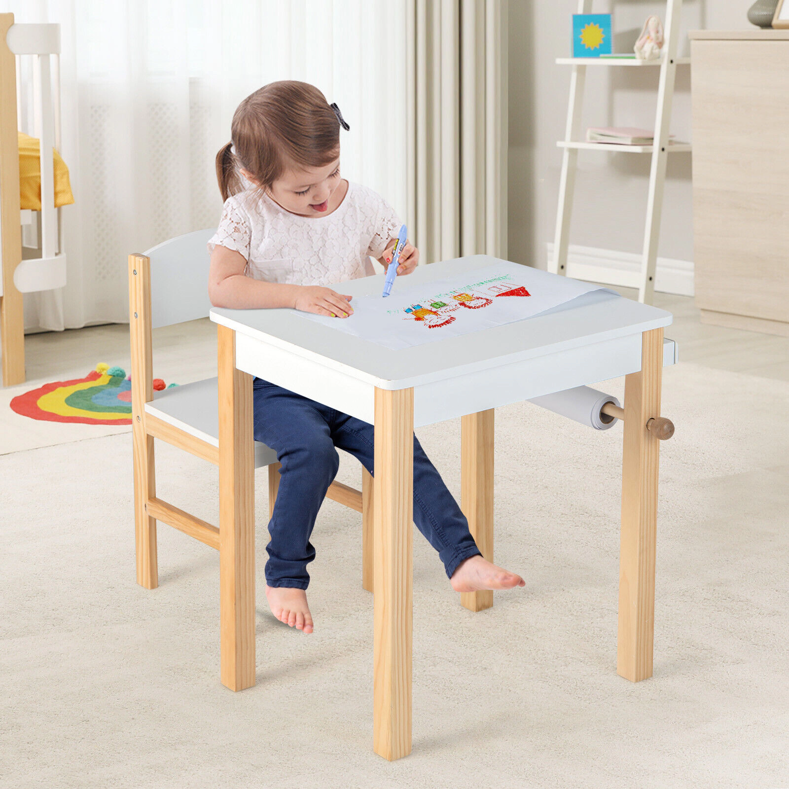 SUGIFT White Drawer Paper Roll and 2 Markers Kids Art Table and Chair Set