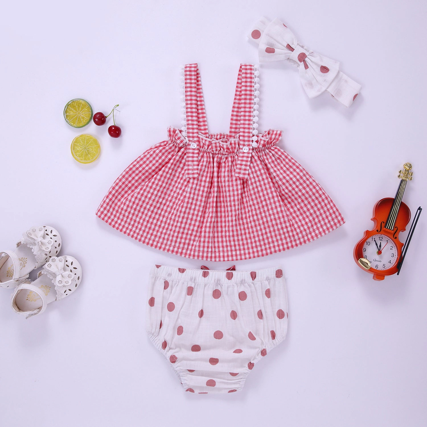 MyKids-USA Baby Girl Plaid Pattern Sling Tops Combo Polka Dot Shorts With Handband Sets
