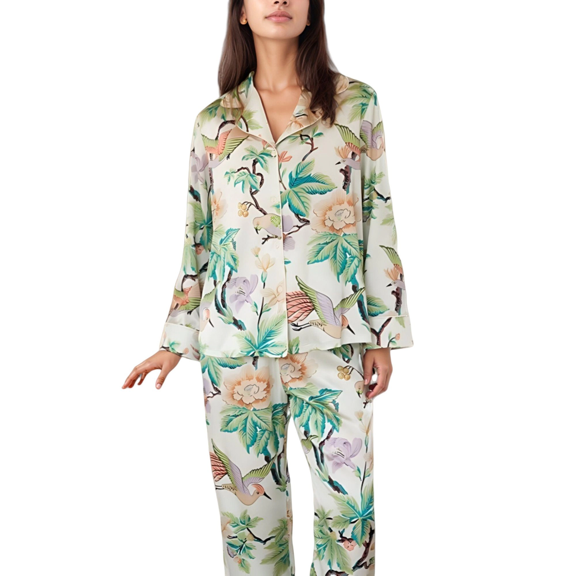 Anna-Kaci Women's Bird and Floral Print Pajama Set with Button Down Long Sleeve Top Relaxed Fit Woven Pants