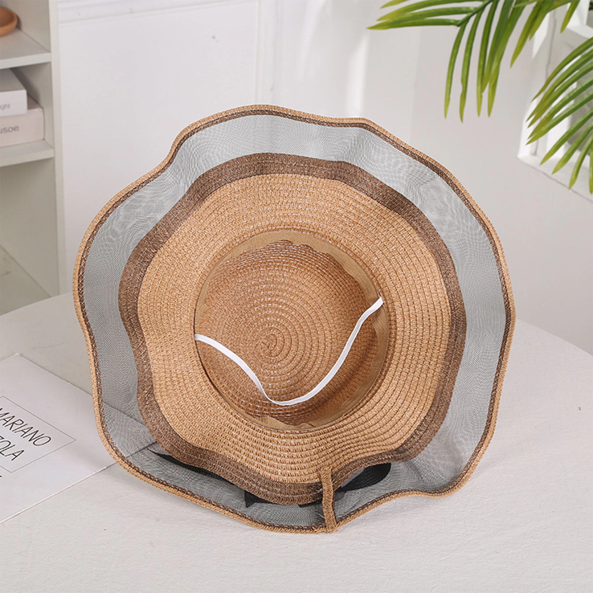 Anna-Kaci Women's Wide Brim Straw Sun Hat Sheer Mesh Trim Bow Ribbon Summer Beach Elegant Style