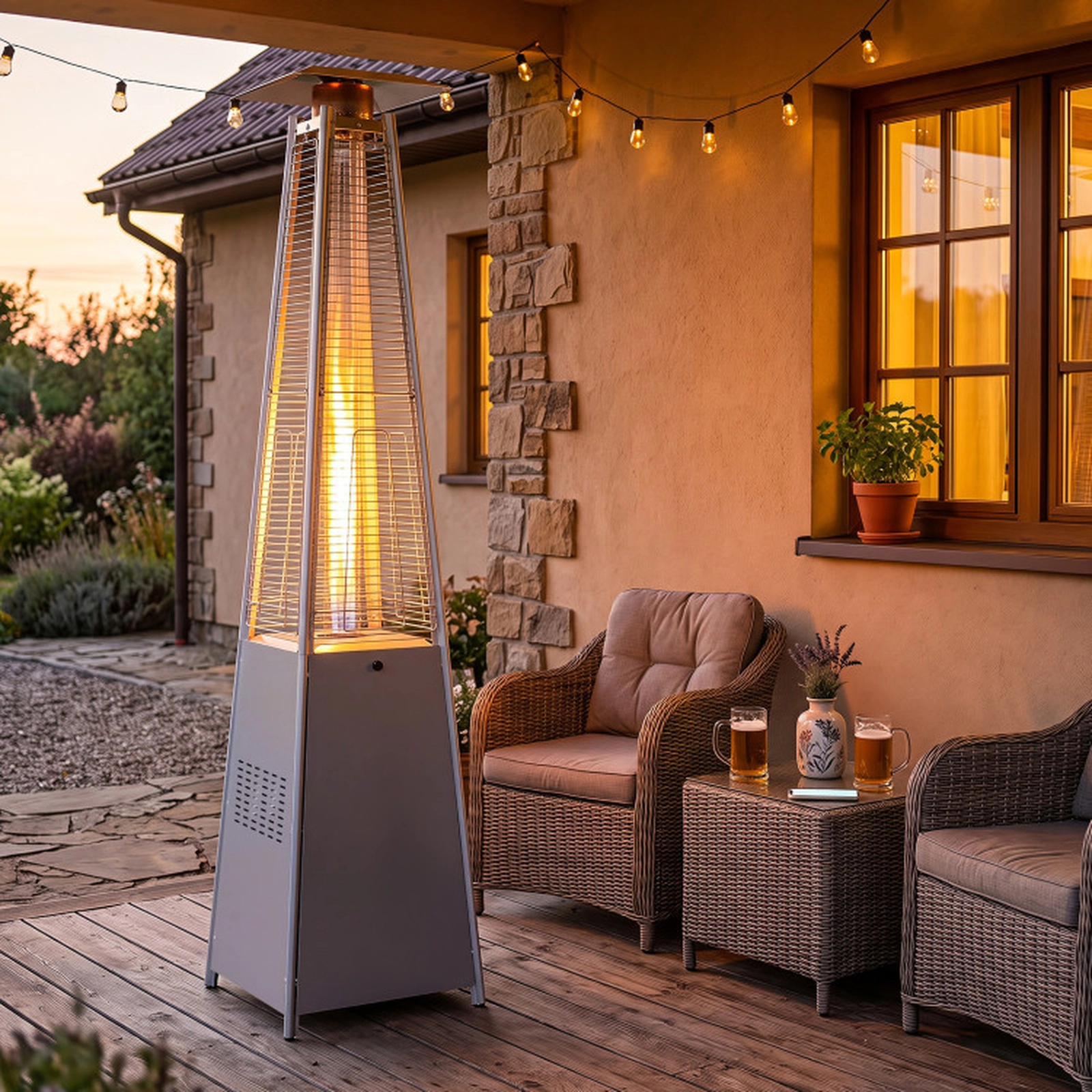 SUGIFT 45000 BTU Pyramid Patio Heater with Triple Safety Protection and Zippered Cover Silver Black Gray