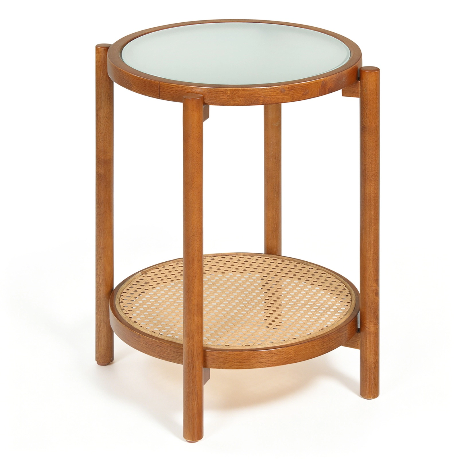 SUGIFT 18.5-Inch Round 2-Tier Boho Side Table, Glass Top, Rattan Shelf, Acacia Legs