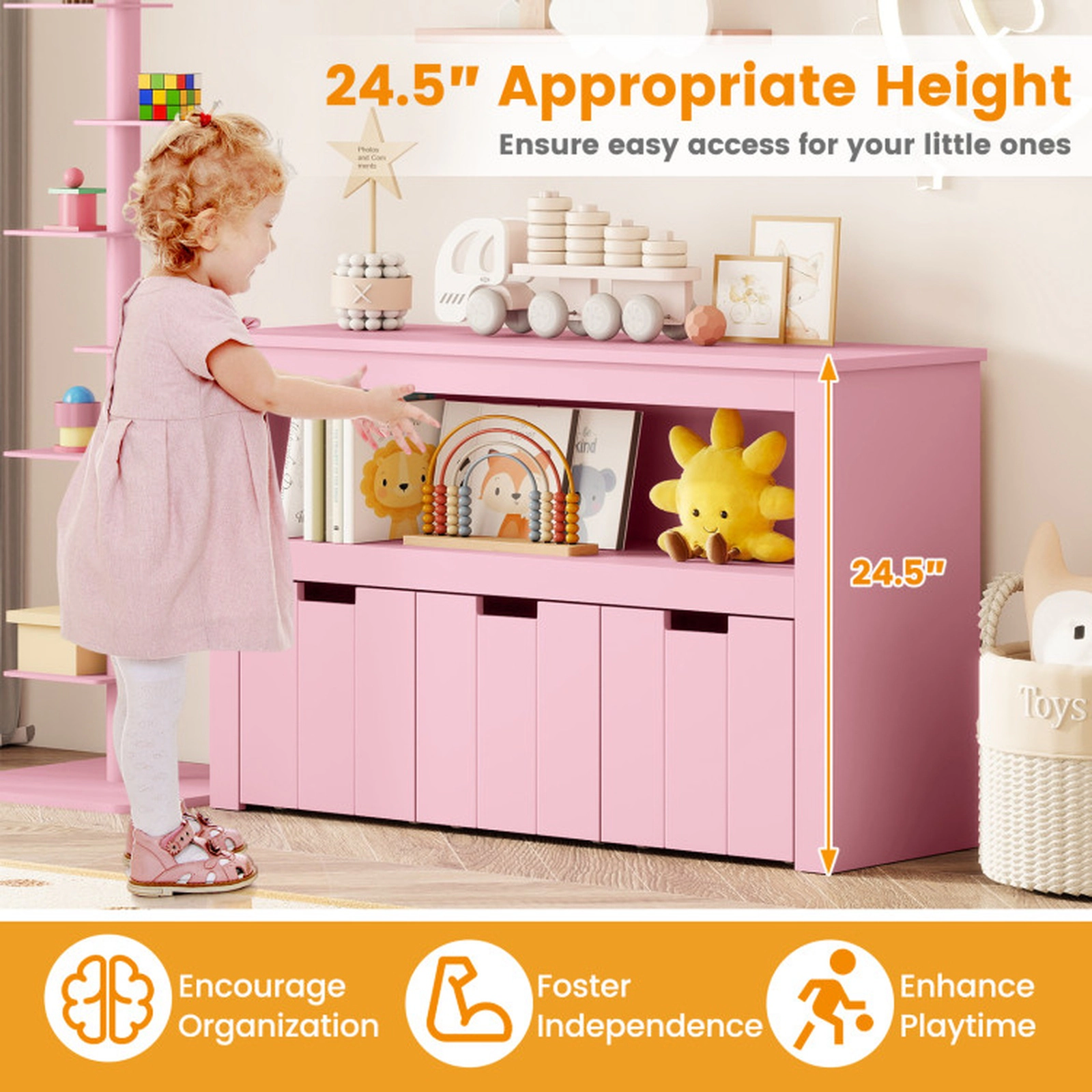 SUGIFT Kids 3 Slide-Out Drawers Wheels Open Shelf Toy Storage Cabinet 40-in x 13-in x 24.5-in 110-lb Capacity Pink
