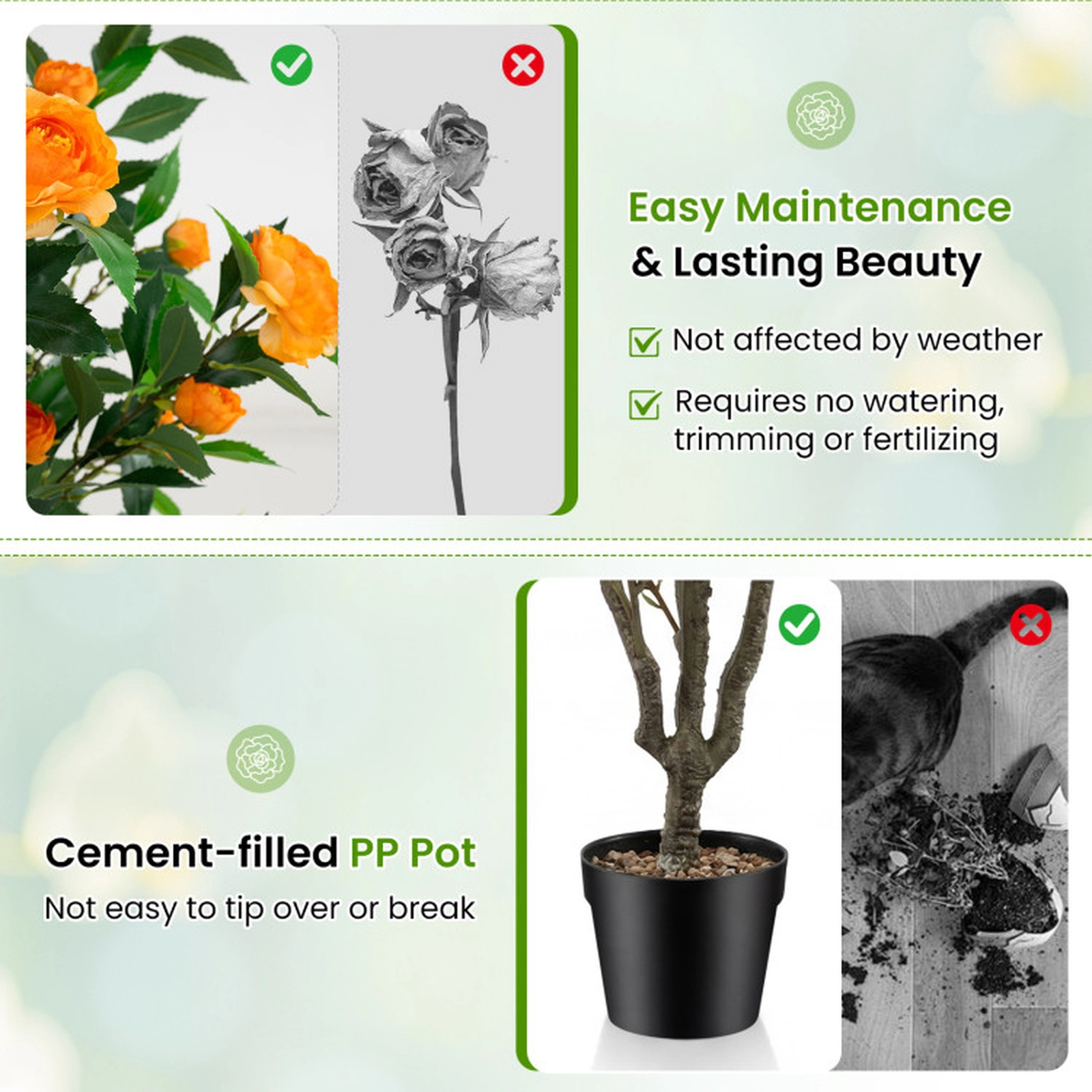SUGIFT 40-in 37 Blossoms River Stone Topped Cement Pot Artificial Camellia Tree 6-in x 5.5-in Pot 8-lb Orange