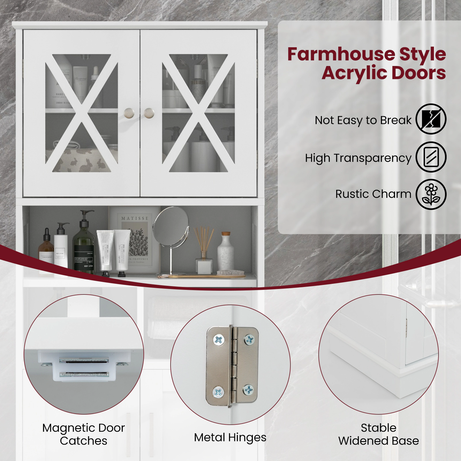 SUGIFT White 57-in Tall 100-lb Capacity Bathroom Floor Storage Cabinet with Acrylic Doors and 3 Open Cubes