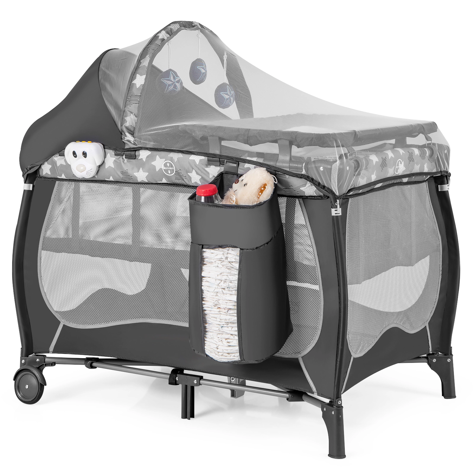 SUGIFT 4-in-1 Portable Baby Playard Playpen with Changing Table Bassinet Canopy Net and Music Box
