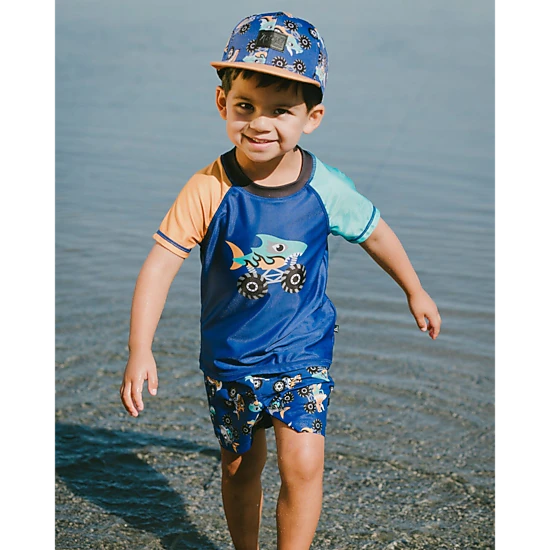 Deux par Deux Boys Shark Monster Truck Graphic Contrast Panel Short Sleeve Rashguard