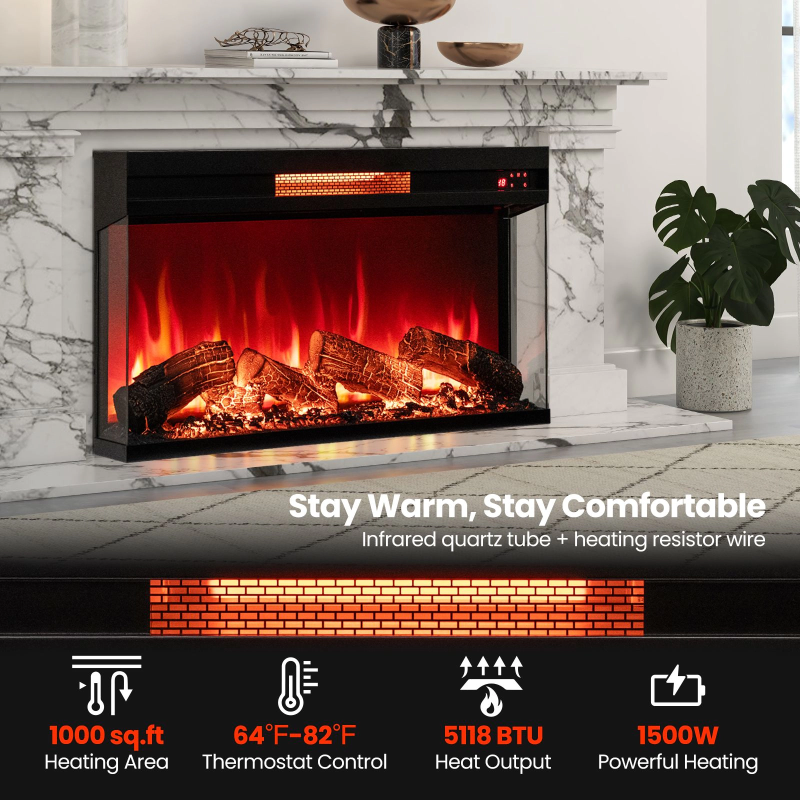 SlickBlue Black Tempered Glass Electric Fireplace, 1500W, 5118 BTU, 8 Flame Modes, 3-Sided View