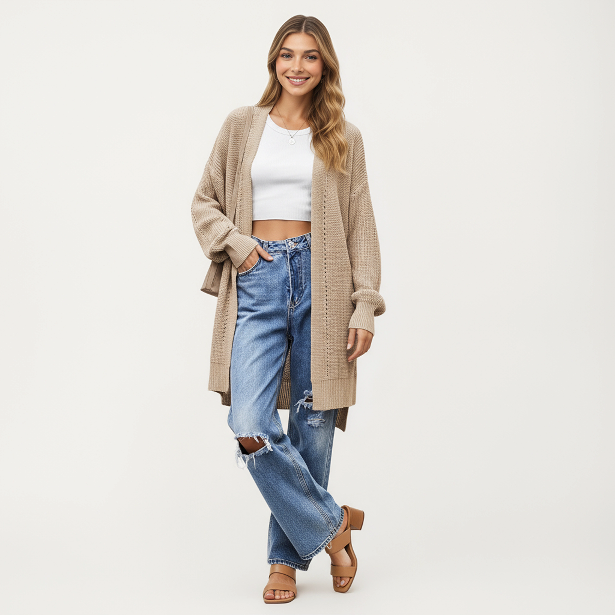 Anna-Kaci Women's Open Front Knit Cardigan with Relaxed Fit and Textured Detailing