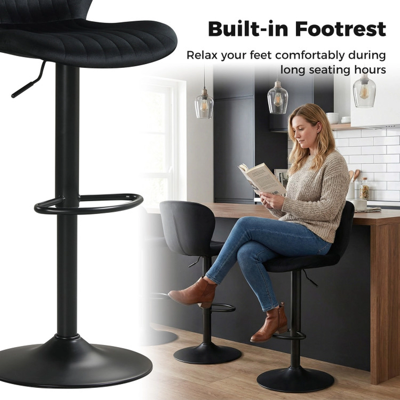 SUGIFT Adjustable Swivel Counter Height Bar Stools Set of 4 with Velvet Upholstered Backrests 330-lb Capacity Black