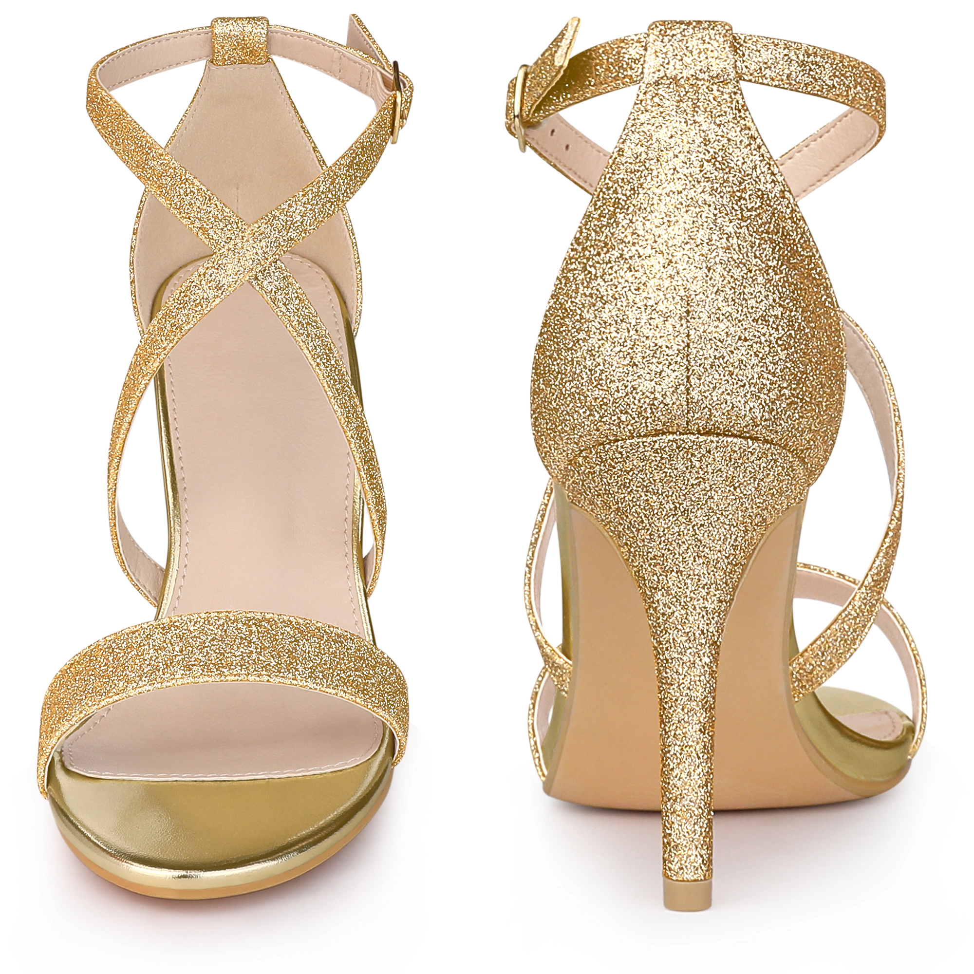 BLISSFUL STEP Women's Glitter Open Toe Crisscross Strappy Stiletto Heel Sandals