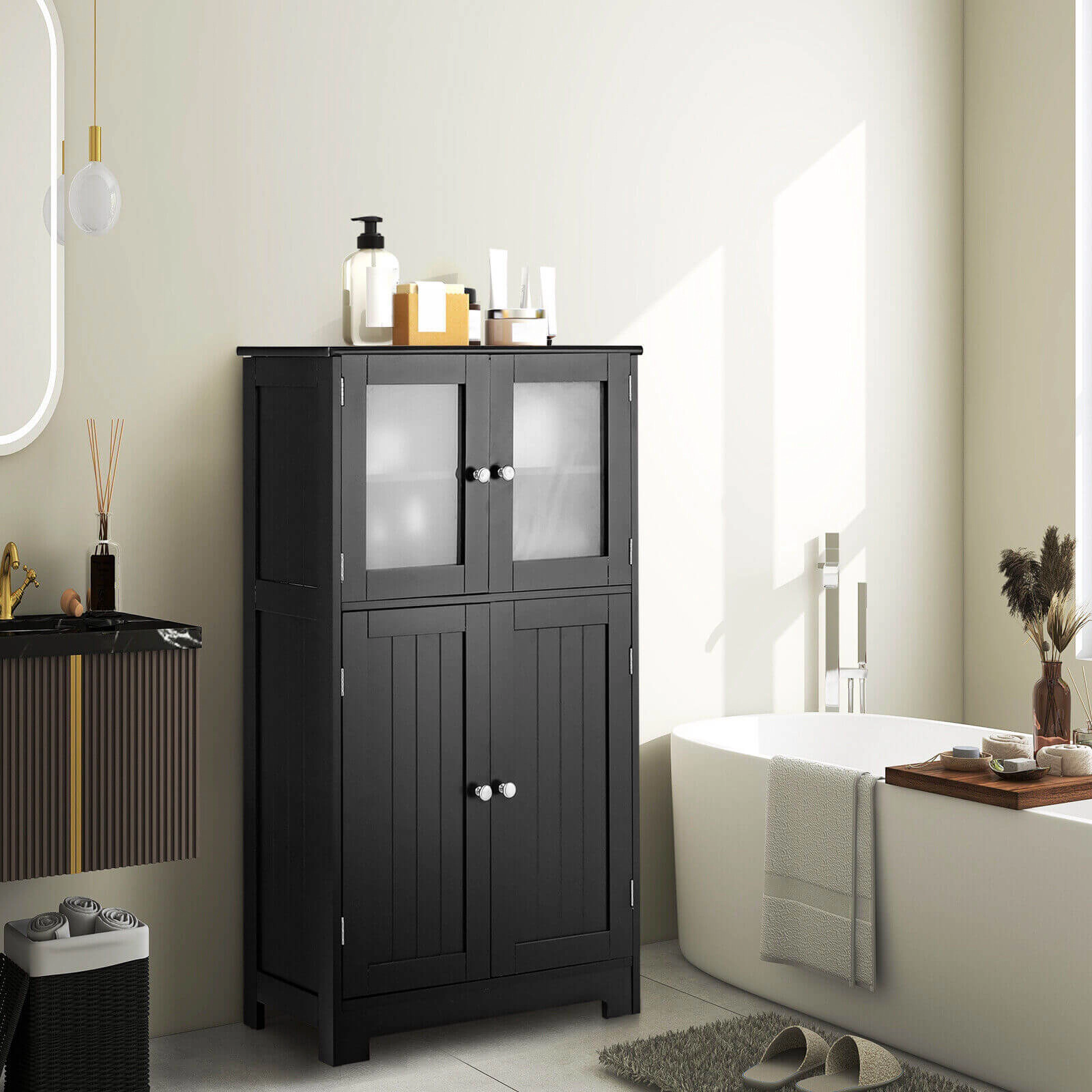 Glintex 43-Inch Storage Cabinet with Tempered Glass Upper Doors and Metal Hinges