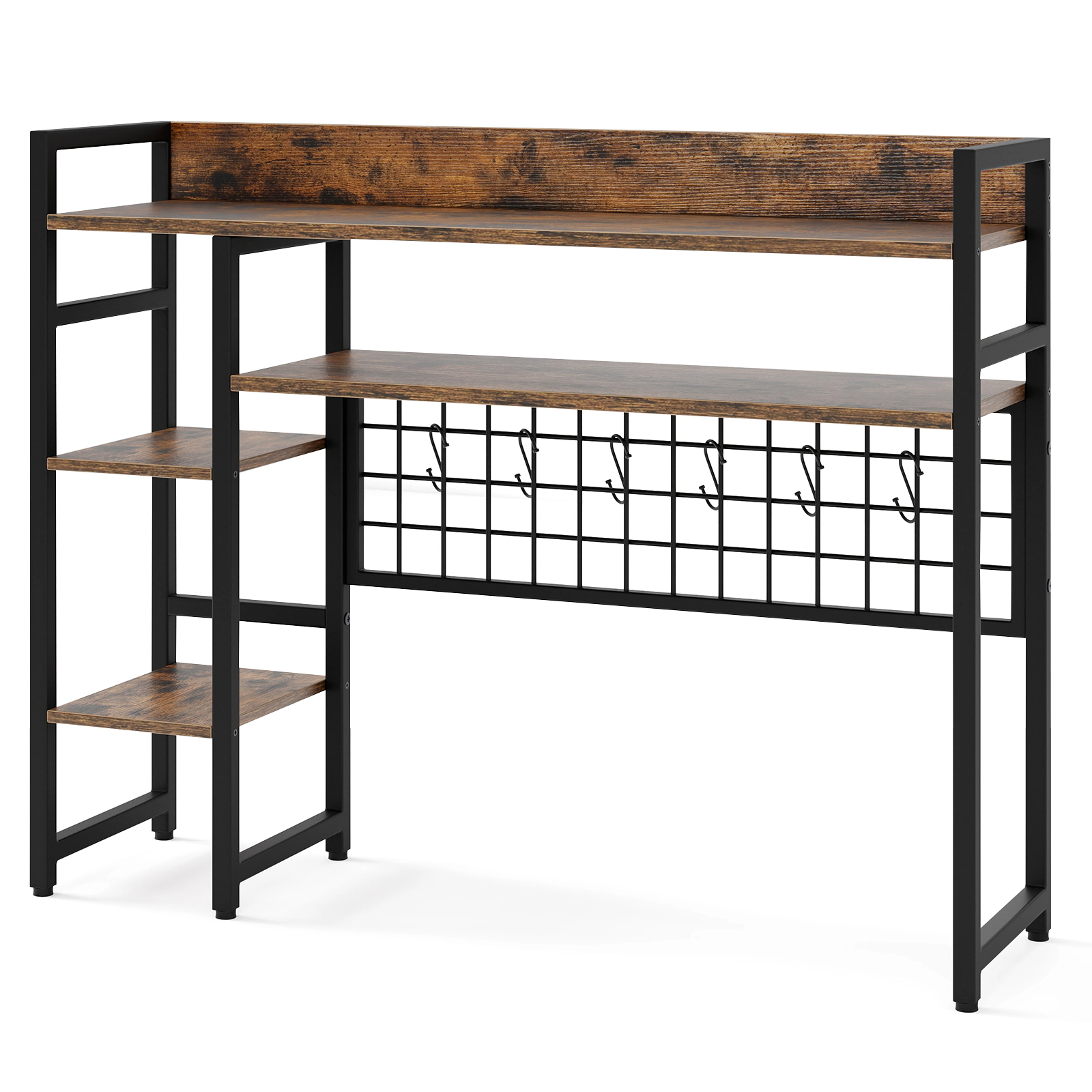 SUGIFT 4-Tier Rustic Brown Desktop Bookshelf with Metal Grid Panel 6 Hooks and Display Rack for Monitor