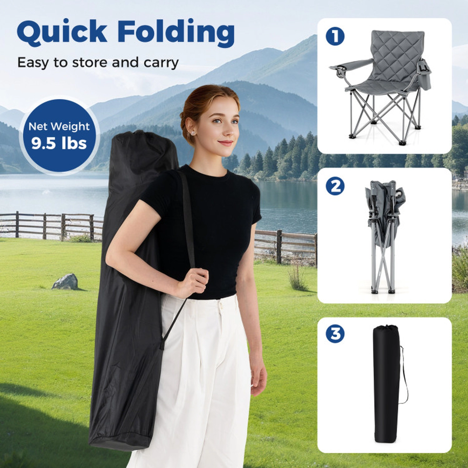 SUGIFT Gray Oversized Folding Camping Chair with Cooler Pouch and Cup Holder 38-in W 40-in H 500-lb Seat Capacity