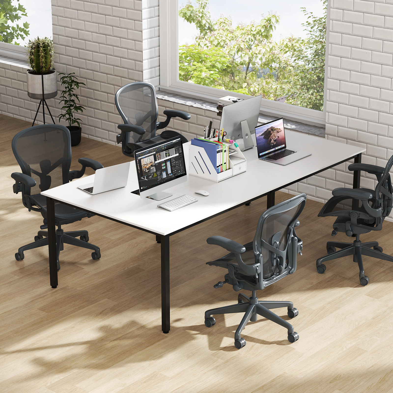 SUGIFT 95-in Rustic Brown Conference Room Table for 10 People with 2 Cable Grommets and 6-Leg Metal Frame
