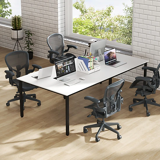 SUGIFT 95-in Rustic Brown Conference Room Table for 10 People with 2 Cable Grommets and 6-Leg Metal Frame
